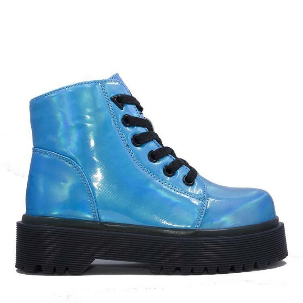YRU Blue Holographic Combat Boots - Slayr Ankle Bootie Platform
